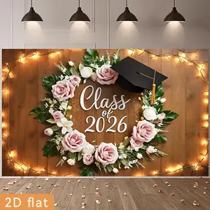 Summervibes 2D Flat, Party Banners 2D Flat Banner, 1pc Polyester Backdrop Pink Floral Wreath Graduation Backdrop Class Of 2026 with Cap String Lights, for Party Decor Farm, Room, Home, Club, Garden, No E