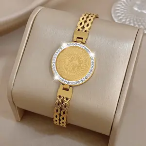 Vintage Gold Stainless Steel Coin Bracelet for Women, Crystal Rhinestone Turkish Arabic Bangle, Ethnic Statement Jewelry Gift permanent