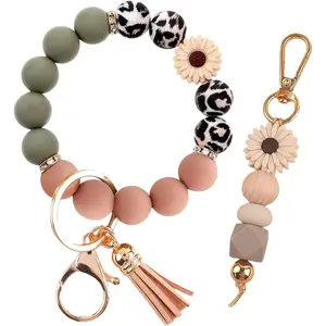 2PCS Bracelet Key Ring Set, Cute Car Key chain Wristlet, Silicone Beaded Bangle keyChains for Women Girls