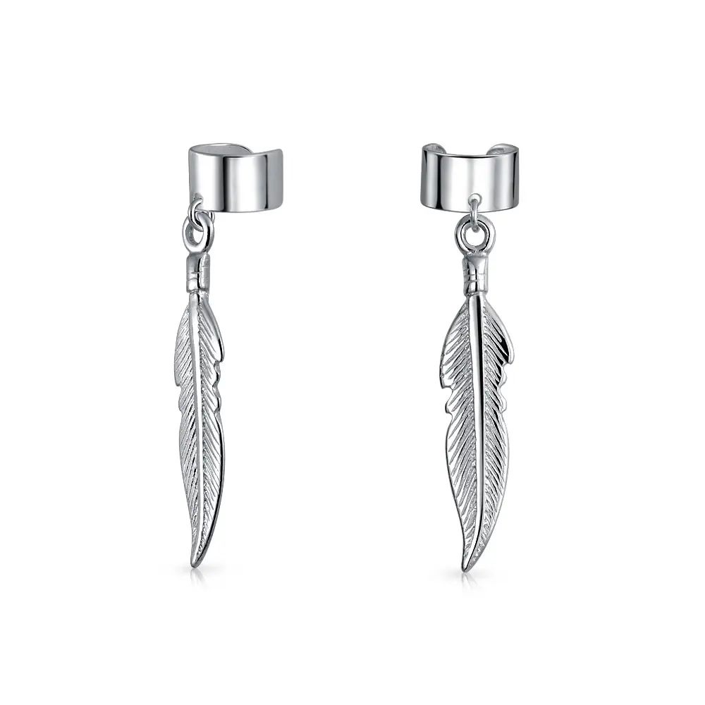 Feather Ear Lobe Earrings Dangling Leaf Cartilage Cuff Earrings .925 Sterling Silver