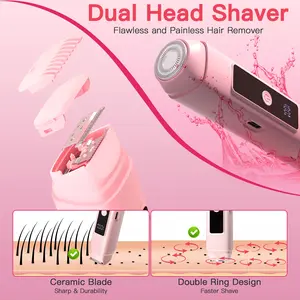 2-in-1 Bikini Trimmer for Women, Bikini Shaver with Dual Heads, Body And Facial Hair Removal, Cordless Electric Razors for Face Chin Pubic Underarm Legs, Pink