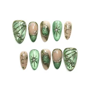 KissMuse Nails | EMERALD GLOW | ST-T040 | 10PCS 100% Handmade Press-On Nails | Reusable Colorful Art acrylic