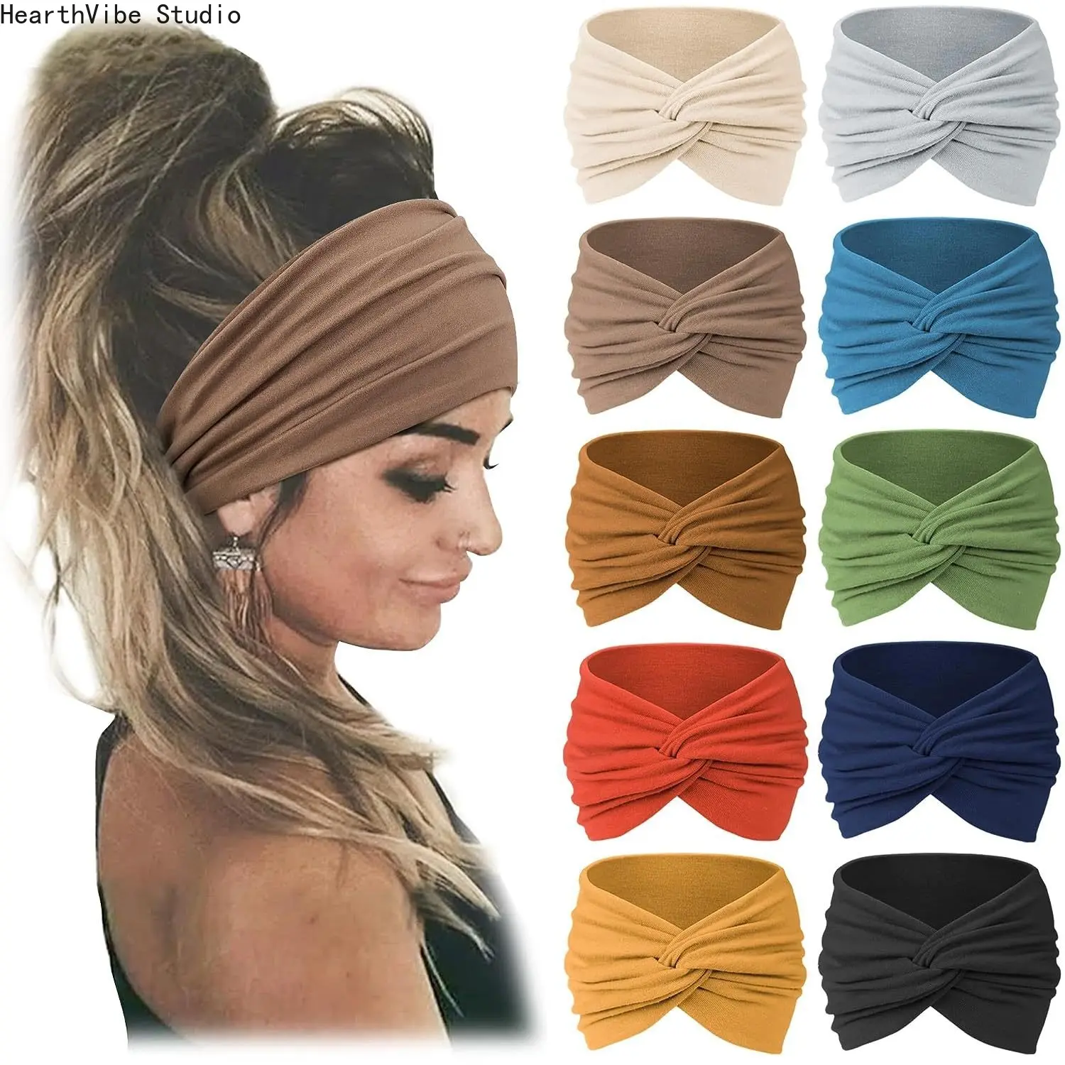 Women's 10-Piece Bohemian-Style Elastic Wide-Band Headband Set - Black & Multicolor Wrap, Sweat Bands for Head, Athleisure & Sporty Options for Adult Large Workouts, Headband Wrap