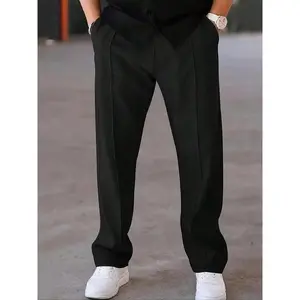 Men's Solid Color Scuba Pants, Loose Casual Comfy Straight Leg Trousers for Daily Wear, Woven Bottoms for All Seasons, Casual Loose Fit, Beige