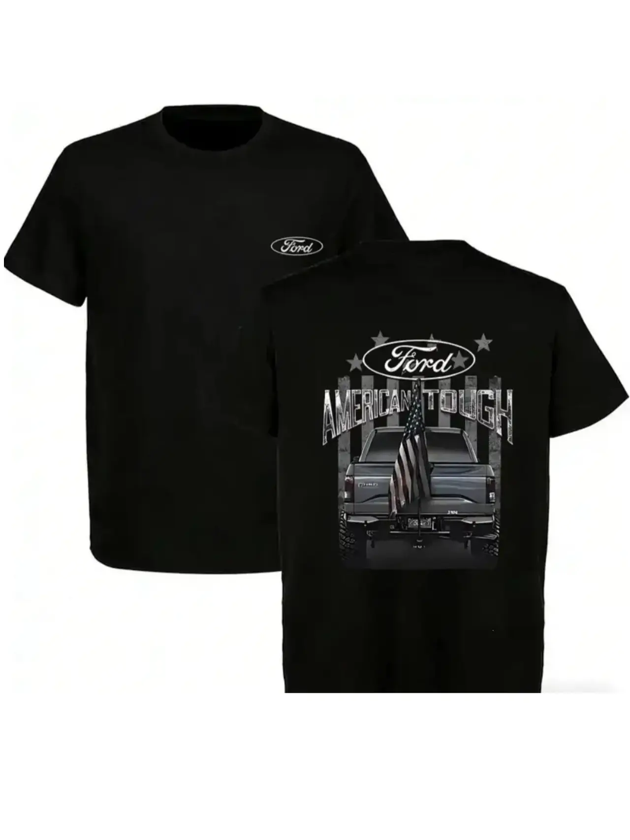 Ford American Tough T-Shirt – Bold “American Tough” Text with F-150 Truck and US Flag Graphic , Classic Black Tee for Truck Enthusiasts , Patriotic Gift Idea , Menswear Top Streetwear Casual  Cotton tee