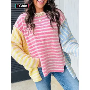 Women's Casual Commuter Loose Striped Patchwork Dolman Sleeve Long Sleeve Sweater, Stylish and Comfortable Knitwear for Everyday Wear