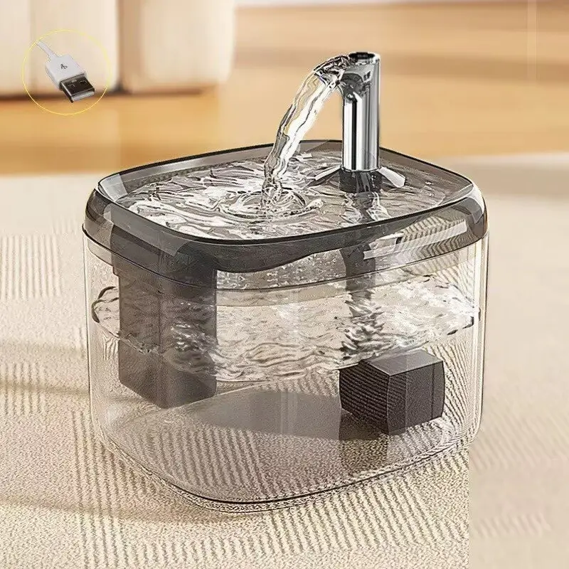 1.5L USB Cat Water Fountain, Automatic Pet DrinkingDispenser with Filter, Transparent Gray Circulating FreshWater Bowl for Cats & Small Dogs