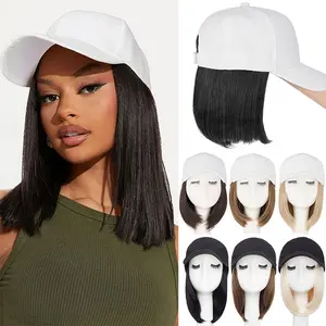 Baseball Cap With Hair Extensions For Women Heat Resistant Synthetic Hair Adjustable Hat Attached 6'' Bob Short Straight Hairpiece Wigs In Black Or White Hat For Outdoor Sports Daily Wear