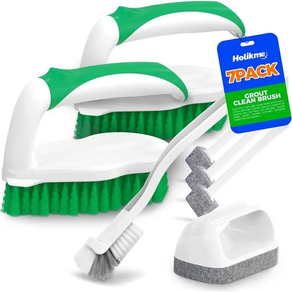 Holikme 7 Pack Cleaning Brush Scrub Brush Kitchen Brush for Floor,Green | Deep Cleaning Brush Set, Scrub Pads with Scraper Tip for Pool Walls, Bathroom, Grout, Floor, Bike, Tub, Shower backtoschool