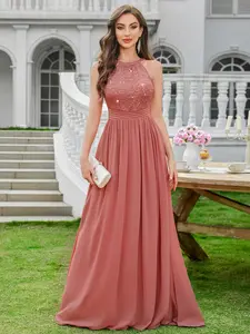 Miusol 24447A Women's  Sequin Lace Sleeveless Halter Tie Back Ruched Waist Formal Evening Gown Maxi Dress for Formal Event Evening Party Banquet Bridesmaid Dress