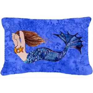 212 MAIN Indoor-Outdoor Fade-Resistant Decorative Pillow, Durable Polyester Fabric, Brunette Mermaid Art on Blue Background, Unique Mermaid-Theme Design