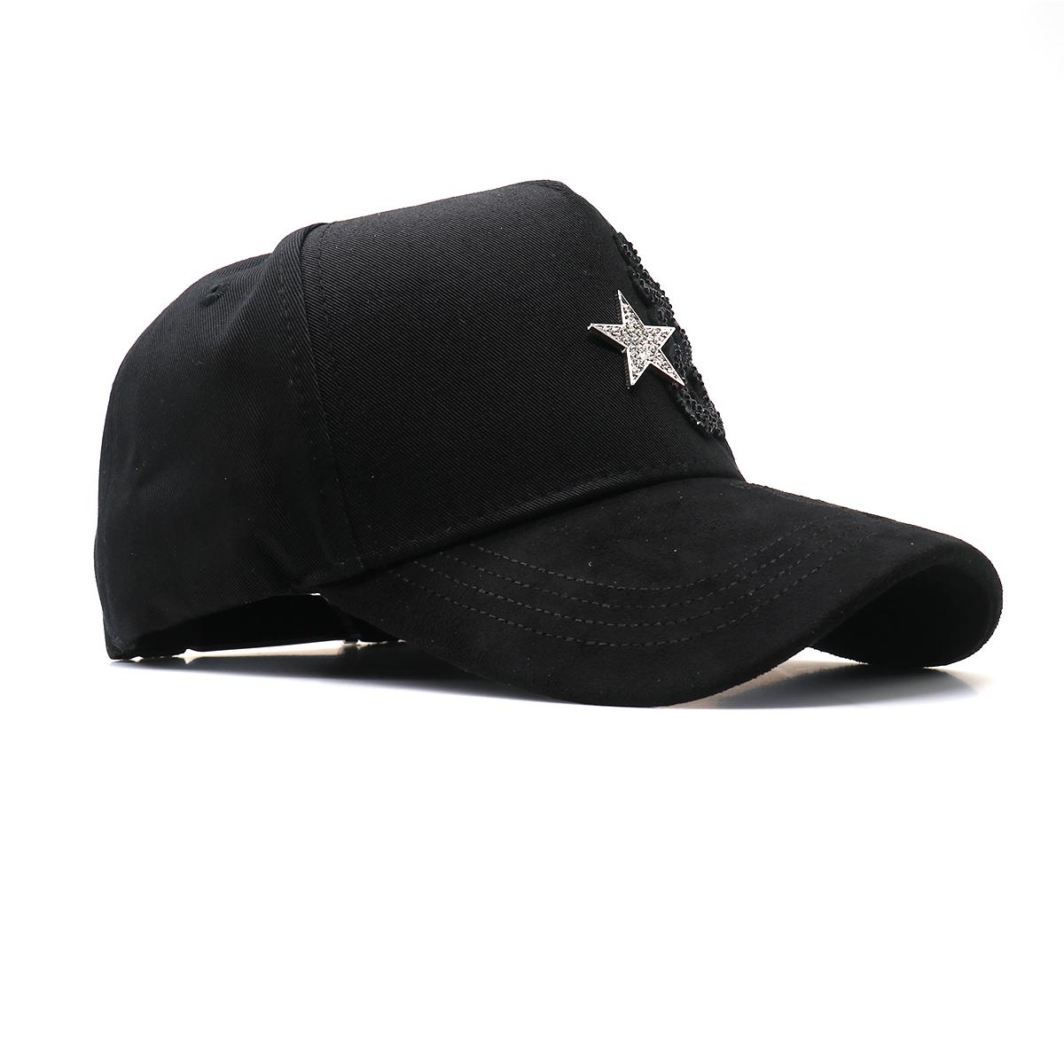 Streetwear Bling Cap with Rhinestone Star & Gothic Motif, Adjustable Hip Hop Snapback with Embossed Texture