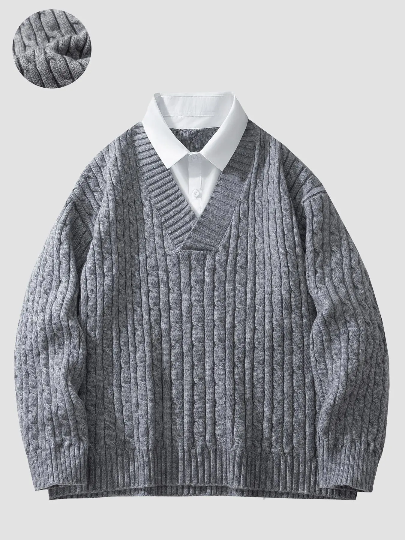 Men's Regular Fit 2 in 1 Textured Drop Shoulder Cable Knit V Neck Sweater, Casual Long Sleeve Button Front Collar Jumper for Fall & Winter, Fashion Men's Casual Chic Knitwear for Daily Wear, Knitted Tops