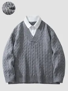 Men's Regular Fit 2 in 1 Textured Drop Shoulder Cable Knit Sweater, Casual Long Sleeve Button Front Collar Jumper for Fall & Winter, Fashion Men's Knitwear for Daily Wear, Knitted Tops