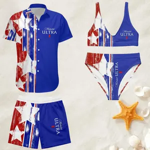 Matching Couple Bikini & Board Shorts Set, Michelob Ultra Vintage American Flag Patriotic Swimwear, Romantic Summer Gift for Couples Vacation