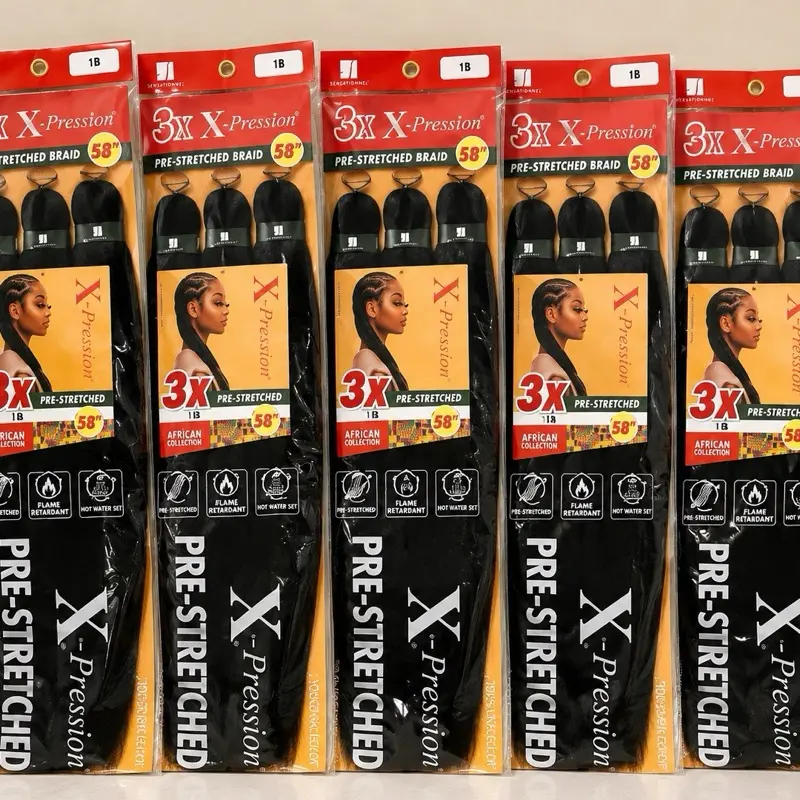 Sensationnel X-Pression Pre-Stretched Braiding Hair 58 Inch – Color 1B – 3 Pack