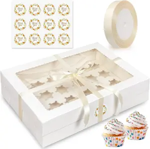 Pack of 6 Mini Cupcake Box Holds 24 Mini Cupcakes White Bakery Boxes with Window Silk Ribbon Sticker included Perfect for 24 Count Cupcakes, Muffins, Desserts or Gifts