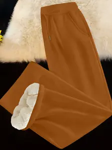 Women's Straight Leg Pants Winter Fleece Lined Warm Casual Fashion Long Trousers, Lamb Velvet Inner Milk Silk Outer Fabric
