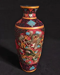 11.8" Decorative Vase with Intricate Dragon and Floral Design in Vibrant Red and Gold Accents