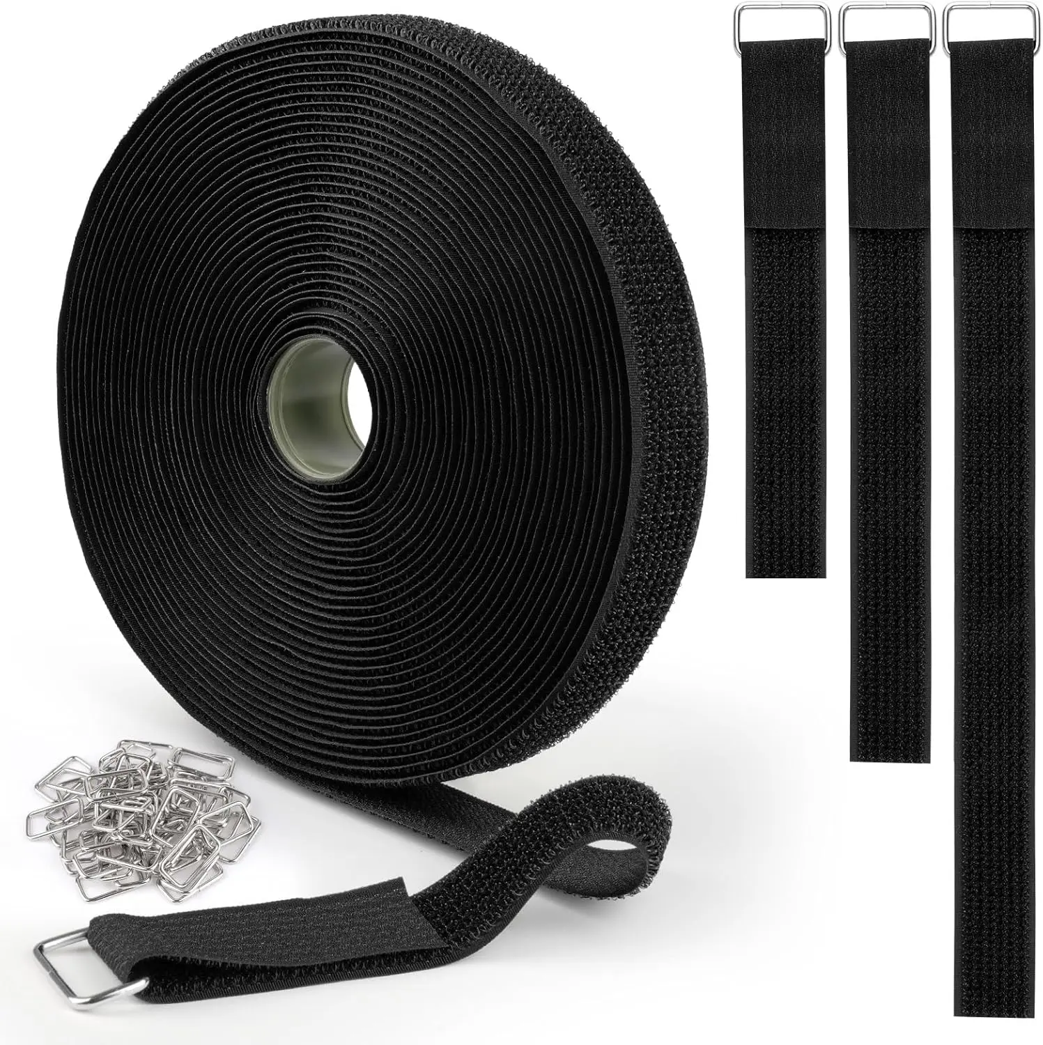 Hook and Loop Straps 1inch x 32ft with 50 Metal Buckles, Cut to Length Cinch Straps Heavy Duty, Adjustable Fastening Cable Straps, Reusable Nylon Securing Cord Ties for Organizer, Black
