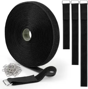 Hook and Loop Straps 1inch x 32ft with 50 Metal Buckles, Cut to Length Cinch Straps Heavy Duty, Adjustable Fastening Cable Straps, Reusable Nylon Securing Cord Ties for Organizer, Black