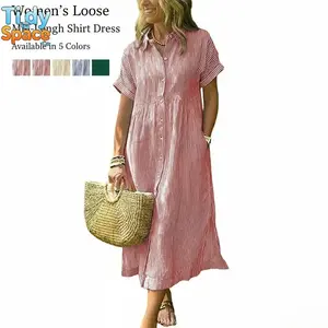 Women's loose Midi striped shirt dress Bohemian side slit dress with pocketsRAIMENTRY
