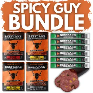 Beefcake Jerky Co. Spicy Guy Bundle - Beef Hot & Spicy, Pork Sweet Heat, Beef Peppered, Jalapeno Honey Sticks, Jalapeno Cheese Summer Sausage