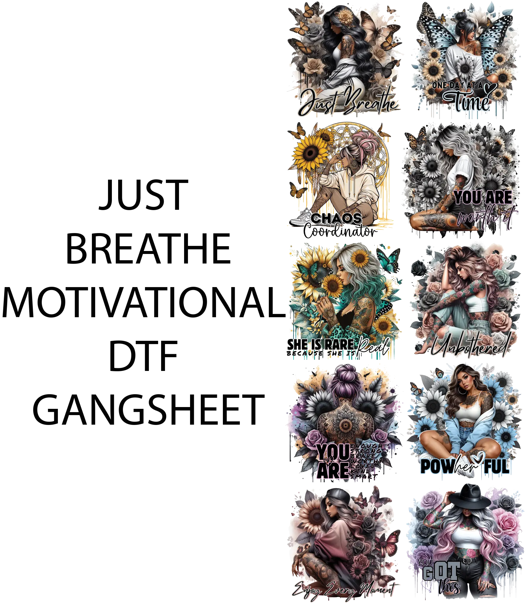 JUST BREATHE Motivational DTF Gangsheet, Specialty DIY Printmaking Accessory for Shirtmaking