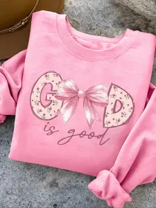 Casual retro solid color long-sleeved Fitted pullover, "God is good" religious sentiment bow pattern Ditsy floral letter print round neck casual sports women's pullover sweatshirt, autumn and winter plus velvet women's clothing