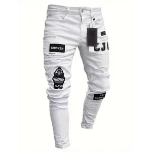 Men Casual Skinny Ripped Jeans, Stretch Distressed Slim Fit Pants, Destroyed Zipper Holes Embroidery Trousers Streetwear Cotton