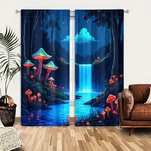 2pcs Window Curtains, A mystical night forest with glowing mushrooms, a vibrant blue waterfall, and a serene stream under a starry sky.Window Drapes for Bedroom Living Room, Rod Pocket Window Treatment