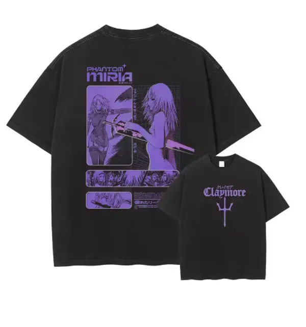 Anime Claymore T Shirt Clare Miria Vintage Washed Tops Tees Anime Cartoon Harajuku DTG Print Short Sleeve Oversized Tshirt