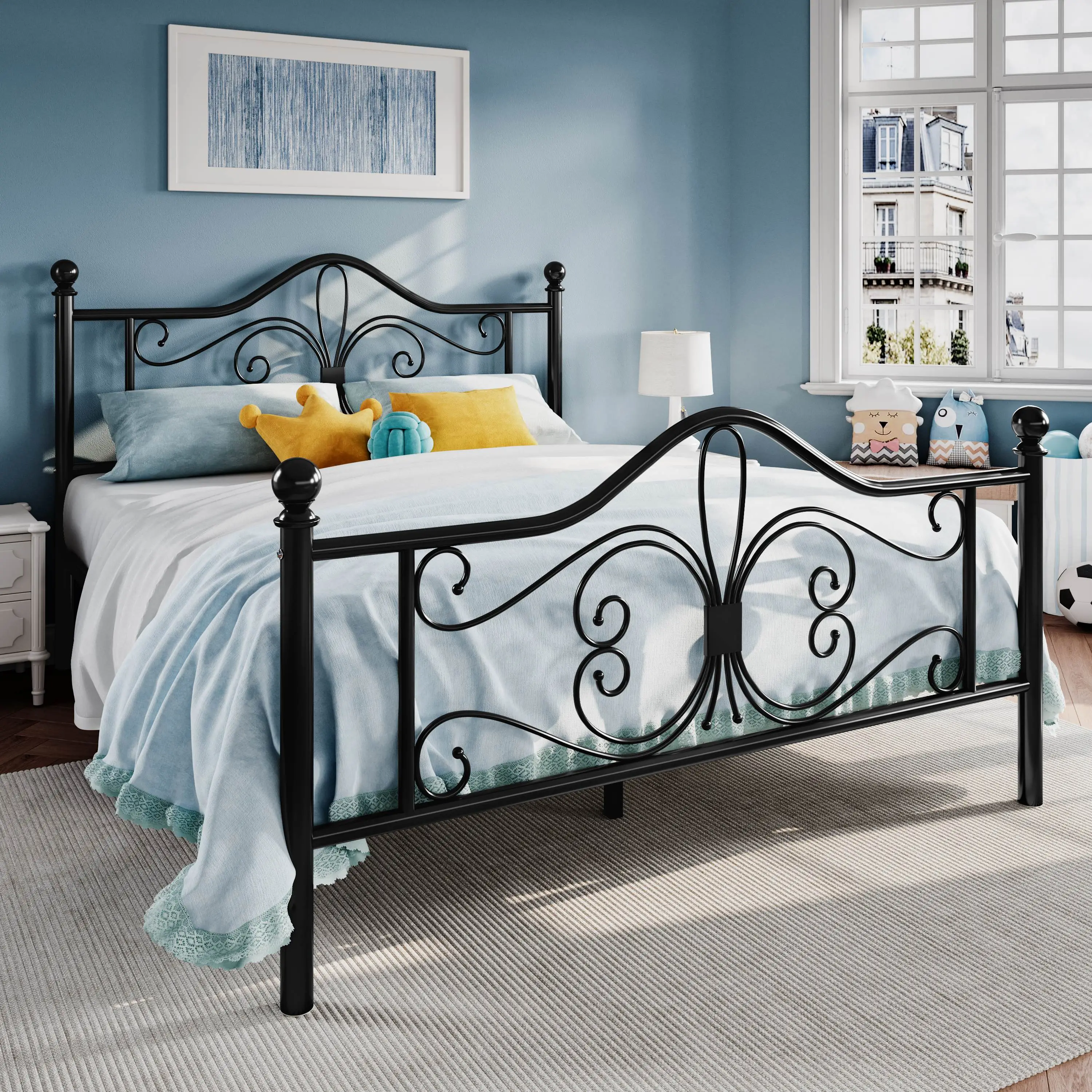 SHA CERLIN Bed Frame with Headboard,【Frame Only No Mattress】Metal Bed Frame with Butterfly Pattern Design Headboard & Footboard,No Box Spring Needed#T