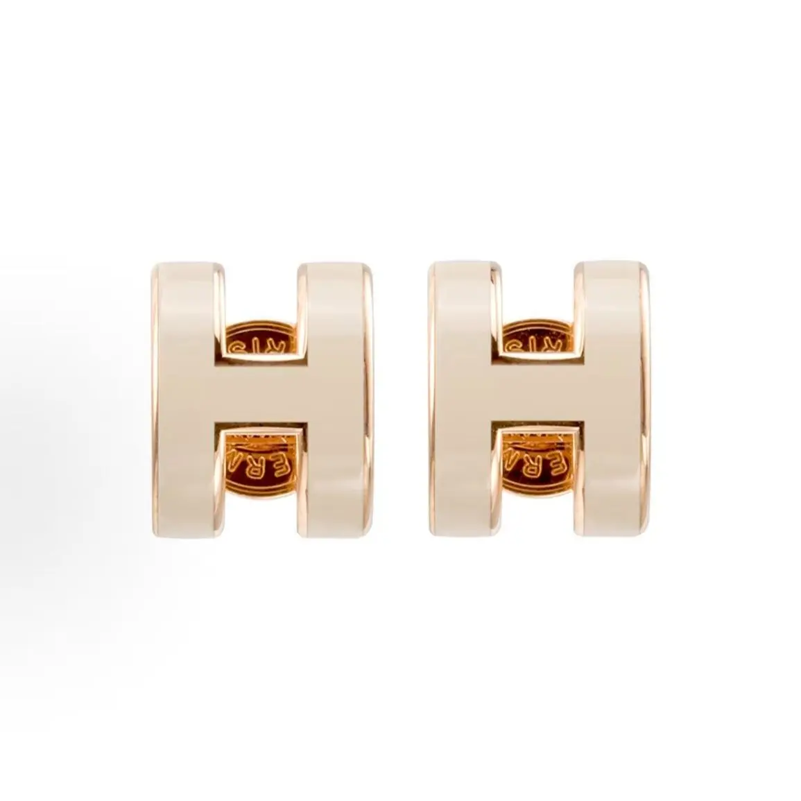 Pre-owned Brand New,Hermès Pop H Stud Earrings (Light Grey Enamel / Rose Gold Plated)