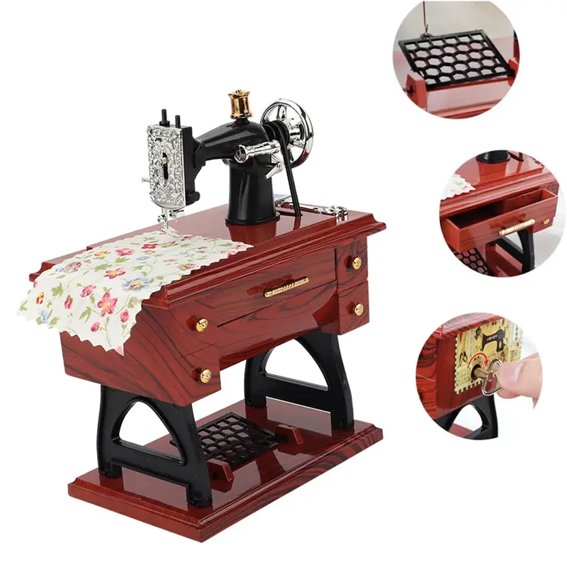 Vintage Mini Sewing Machine Style Plastic Music Box Table Desk Decoration Toy for Home Decor Ideal Gift for Mother's Day Birthday Christmas