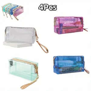 4 Pack Waterproof Cosmetic Bags Set,PVC Transparent Zippered Toiletry Bag with Handle Strap,Portable Clear Makeup Bag Pouch for Bathroom,Vacation and Organizing,Christmas Party Gifts,Hand Tools Kits