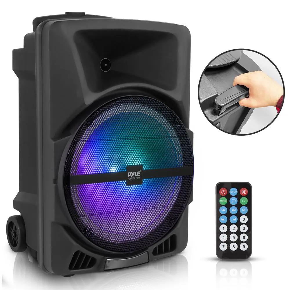 Portable PA Speaker with LED Lights, Audio Subwoofer, Button-Remote Controls, Rechargeable Design, MP3 Compatibility, Bluetooth Smartphone Connectivity, Digital Adapter, USB Port, Micro SD Card Reader, Telescoping Handle