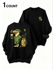 Men's Funny Guinness & Golf Graphic Casual Fitted Sweatshirt: Black Golfer Crewneck Top with Cartoon Toucan Print, Perfect for Beer & Golf Enthusiasts and Casual Style, Casual Sports Hoodie