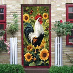 2pcs Colorful Rooster Wall Sticker in Sunflower Field with Butterflies Decorative Decal Self Adhesive Removable Home Living Room Bedroom Entrance Wall Decoration Kids Room Animal Theme Wall Art