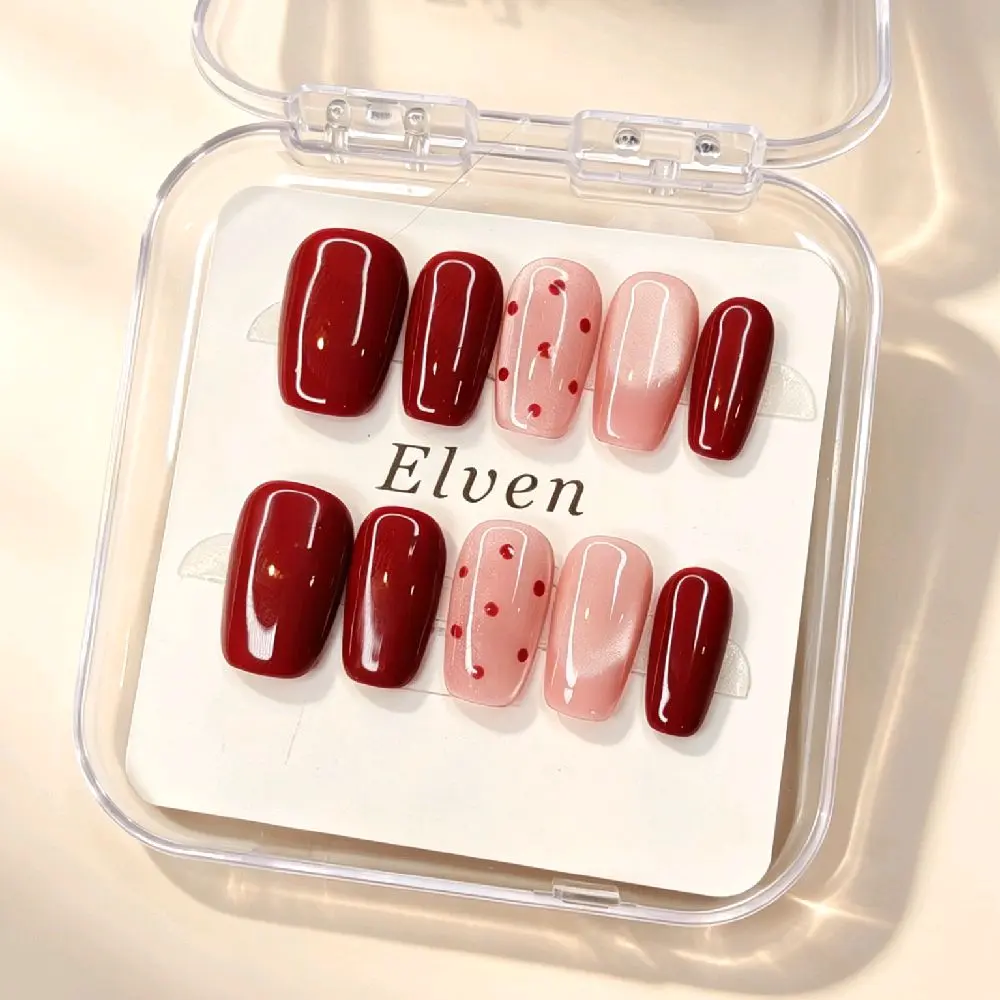 Handmade Red & Pink Cat Eye Polka Dot Press On Nails with Glossy Finish, Short Square Reusable Fake Nails for Trendy Casual & Holiday Wear