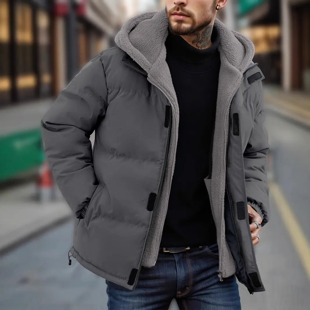 Men's Casual Hooded Parka, Thick Fleece Winter Coat, Windproof Long Sleeve Outerwear Tops for Menswear, Coats, Plain, Solid Coat