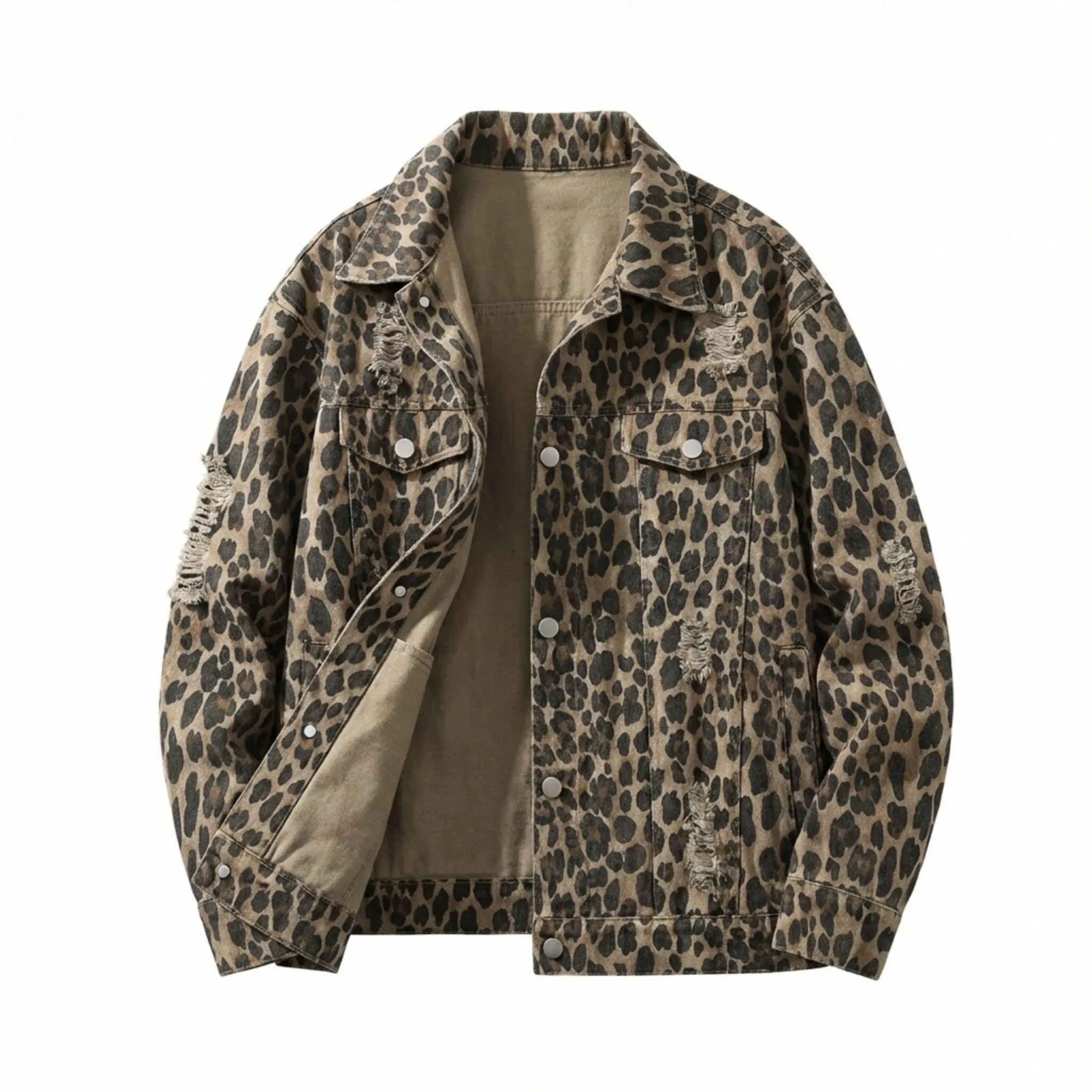 Street trend fashion jacket, unisex leopard print ripped denim jacket, ruffian handsome niche design, suitable for spring wear