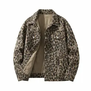Street trend fashion jacket, unisex leopard print ripped denim jacket, ruffian handsome niche design, suitable for spring wear