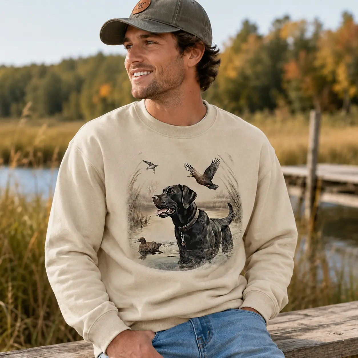 Men's Retro 90s Sweatshirt, Black Lab/Mallard Ducks Hunting Graphic, Soft Cotton-Poly Pullover, Long Sleeve Classic Fit