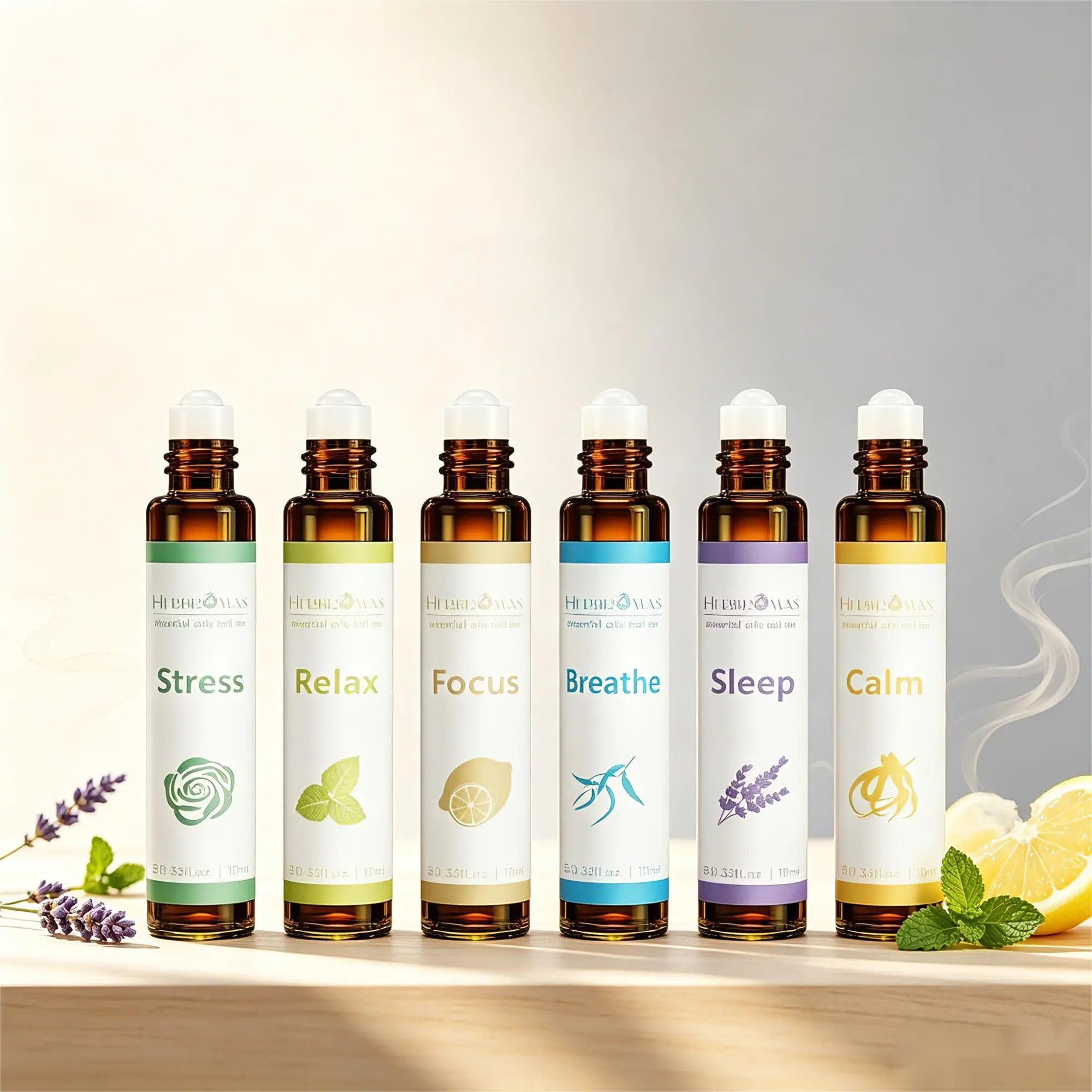 HERBROMAS Essential Oil Roll On Gift Set, Pre-Diluted Aromatherapy Perfume Oil for Skin, Portable Roll-On Blend for Men & Women, Easy Application for Daily Use