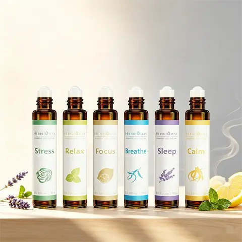 HERBROMAS 6-Pack Travel Size Natural Plant-Based Essential Oil Roller Set - Pre-Diluted Almond Therapeutic Body Oils, Skin-Friendly Rolling Aromatherapy Blends (6 Unique Aromas: Lavender, Peppermint) - 24 Months Shelf Life, Stress Relief, Gymbag Ready