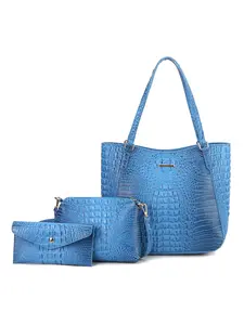 Blue Crocodile Embossed 3-Piece Bag Set, Large Capacity Glossy Blue Tote Bag with Matching Crossbody Purse and Envelope Wallet