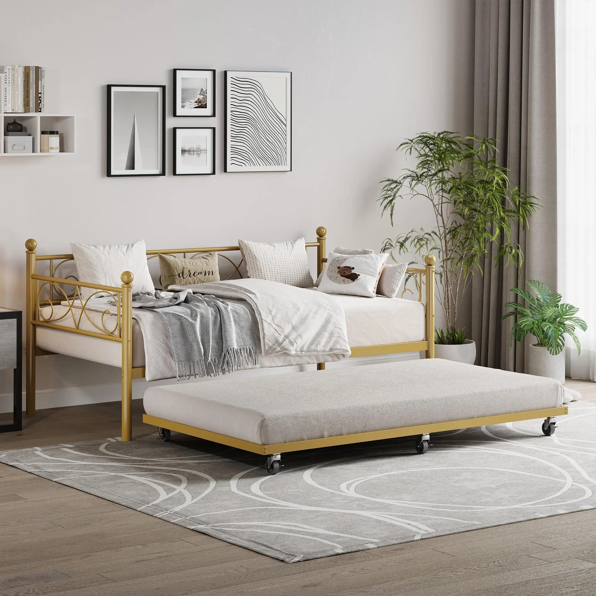 GARVEE Twin Size Daybed Frame with Trundle Bed, Metal Daybed with Floral Headboard, Steel Slats Supports, Space-Saving Multifunctional for Living Room, Guest Room, No Box Spring Needed, Modern Gold