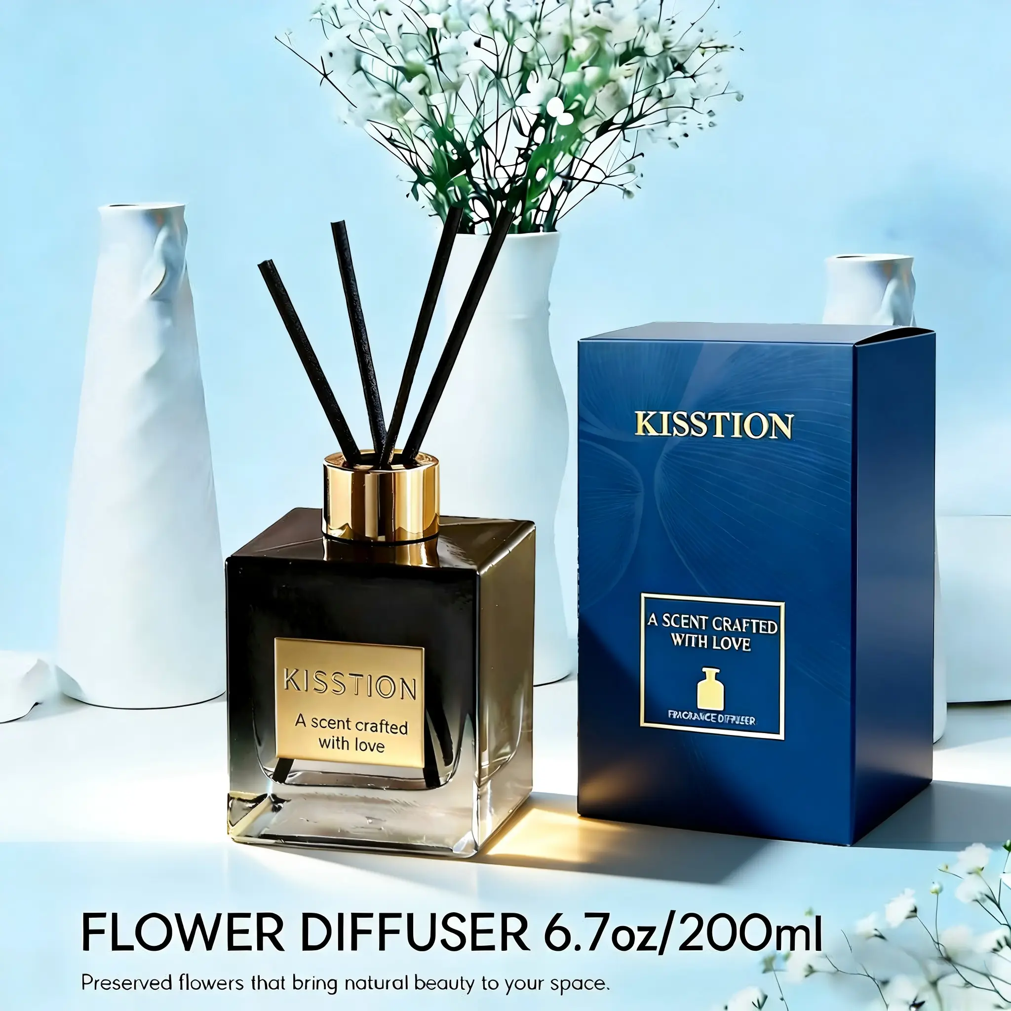 KISSTION Reed Diffuser for Scented Candles — Luxurious Home Fragrance, Long-Lasting Diffusion, Plant Essential Oil Aromatherapy, Gift Set, Pet-Safe, 6.76 oz (200 ml), suitable for bedroom, bathroom, office, and living room. Comfortable home fragrance