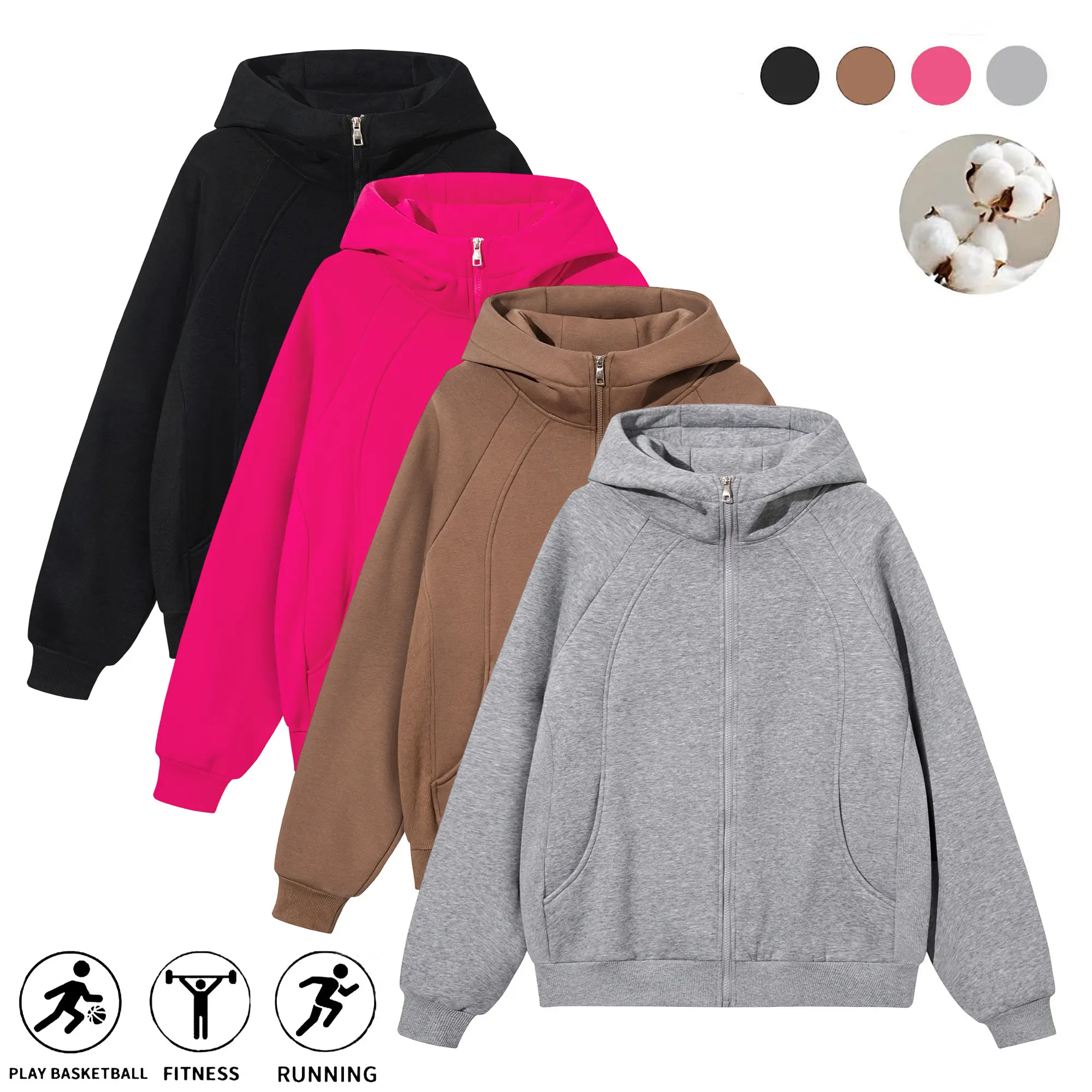 Men’s cotton zip-up hoodie available in 1-pack and 3-pack options, featuring a solid color design with pockets; a loose, long-sleeved streetwear casual top suitable for men’s work, travel, relaxing at home, and outdoor walks.